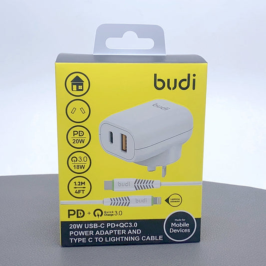 Budi AC339WATLW PD 20W wall charger with Type-C to Lightning combo
