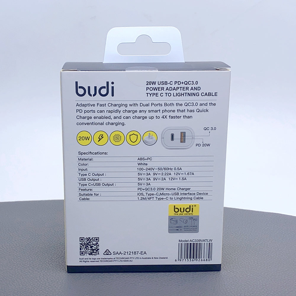Budi AC339WATLW PD 20W wall charger with Type-C to Lightning combo