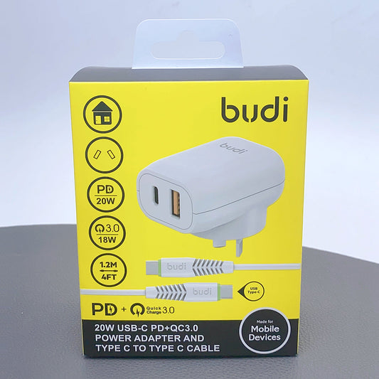 Budi AC339VATTW PD 20W wall charger with Type-C to C combo