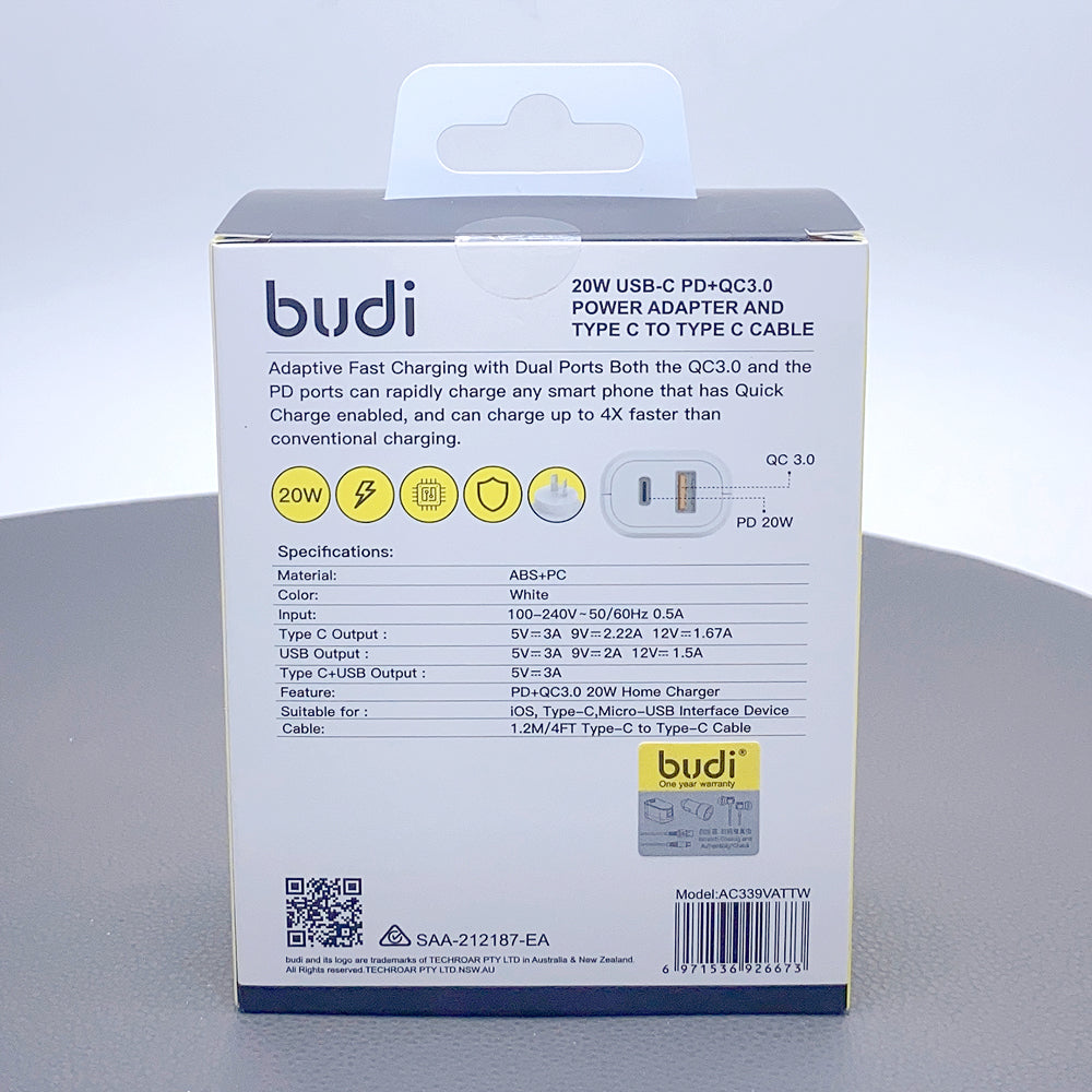 Budi AC339VATTW PD 20W wall charger with Type-C to C combo