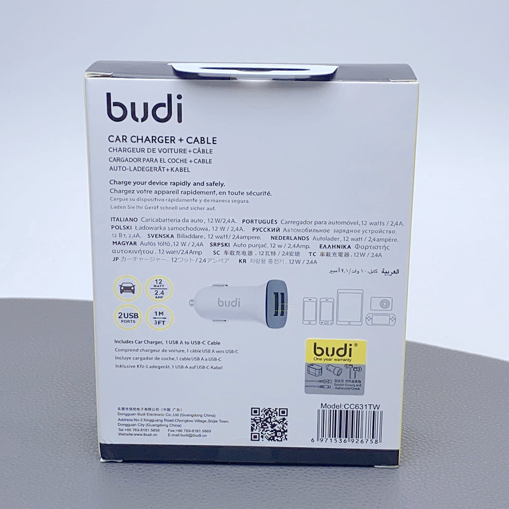 Budi CC631TW 2.4A 2USB Car Charger with USB-A to C Combo