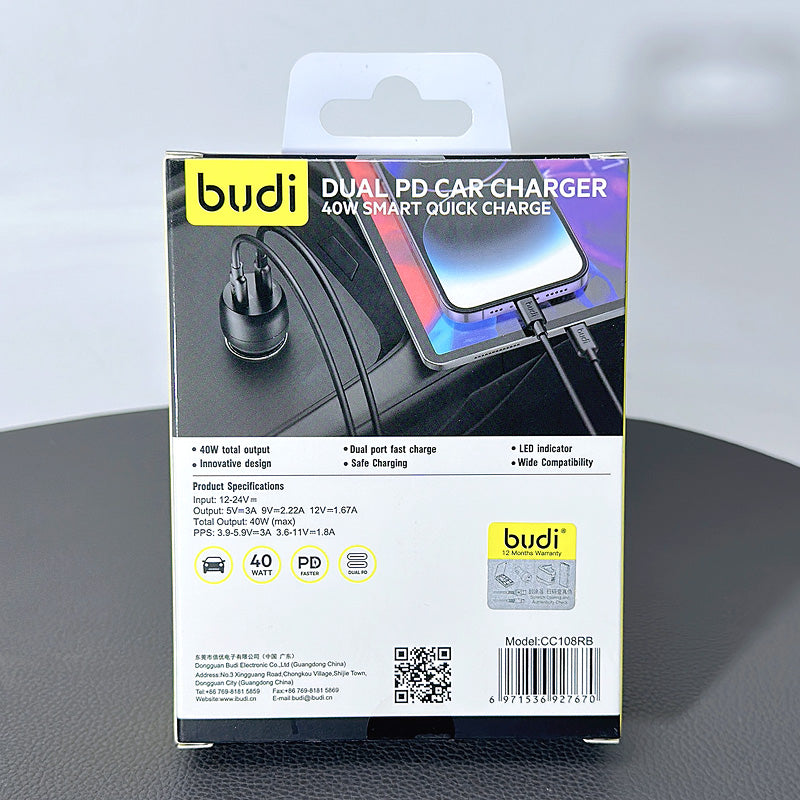 Budi CC108R 40W USB C+C car charger