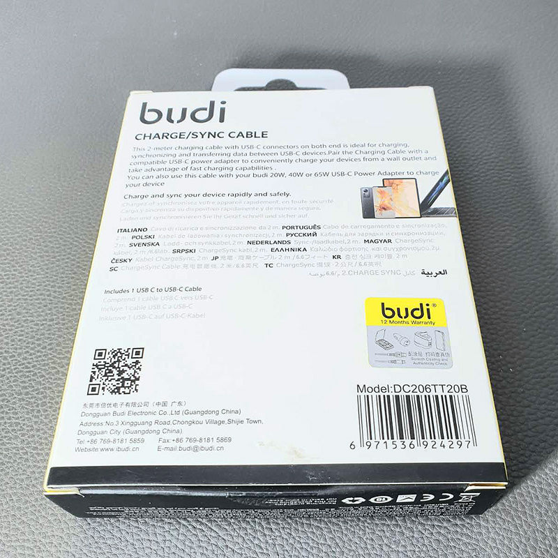 Budi DC206TT20B 2m 65W Type-C to C cable