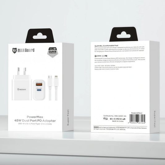 Maxguard 45PDLC PD 45W wall charger with Type-C to Lightning combo
