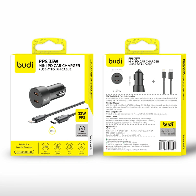 Budi CC622RTLB PPS 33W Mini PD Car Charger with Type-C to Lightning combo