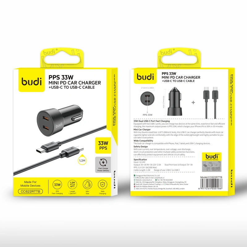 Budi CCO62RTTB PPS 33W Mini PD Car Charger with Type-C to C combo