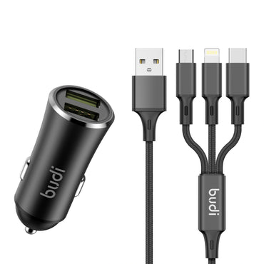 Budi CC627T3B 12W 2USB Car Charger with 3-in-1 Combo