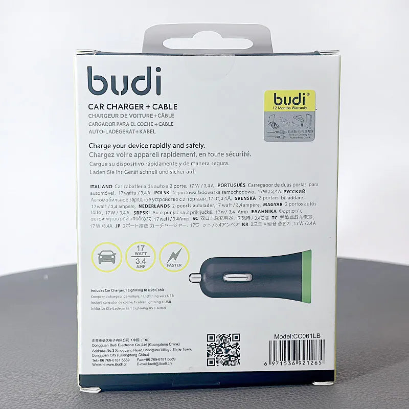 Budi CC061LB 3.4A 2USB Car Charger witht USB-A to Lightning combo