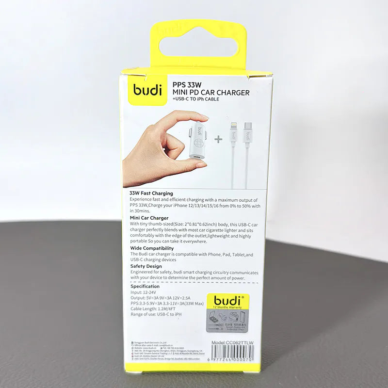 Budi CC062TTLW 33W USB C Mini car charger with Type-C to iPh combo