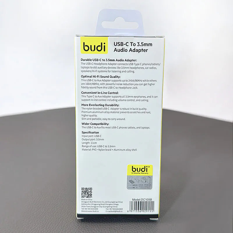 Budi DC105B USB-C to 3.5mm AUX Audio Adapter (11cm)
