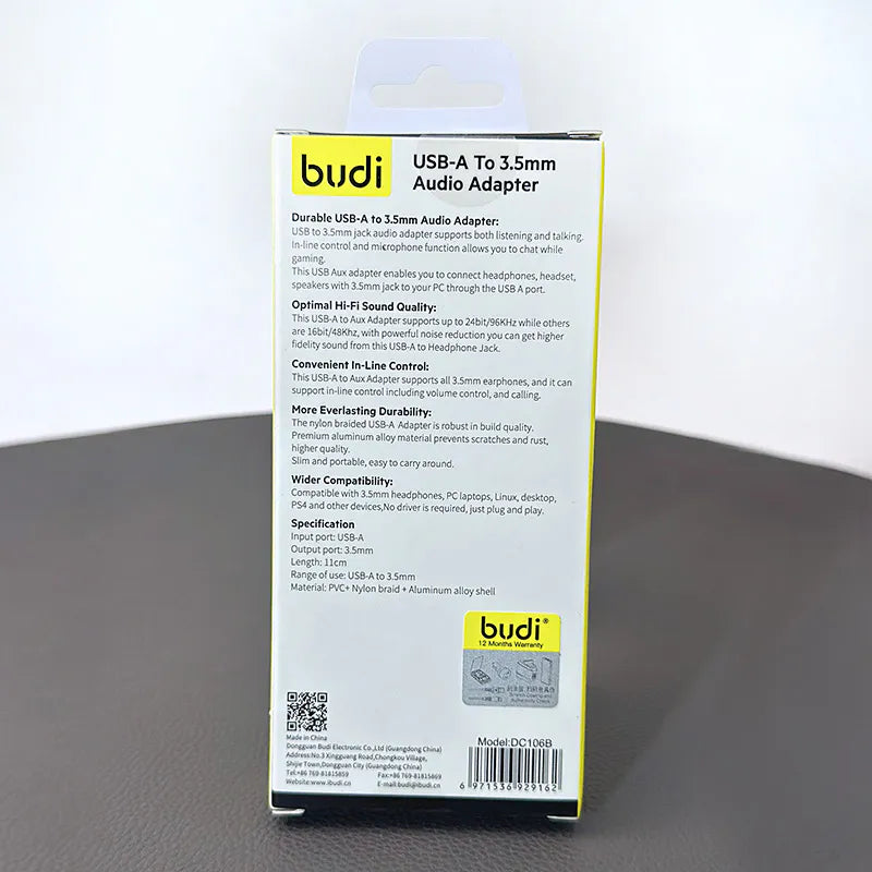 Budi DC106B USB-A to 3.5mm AUX Audio Adapter (11cm)