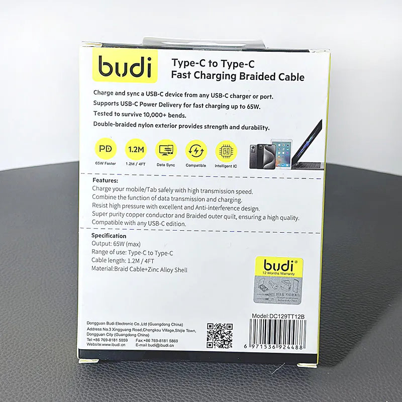 Budi DC129TT12B 1.2m 65W Type-C to C Cable