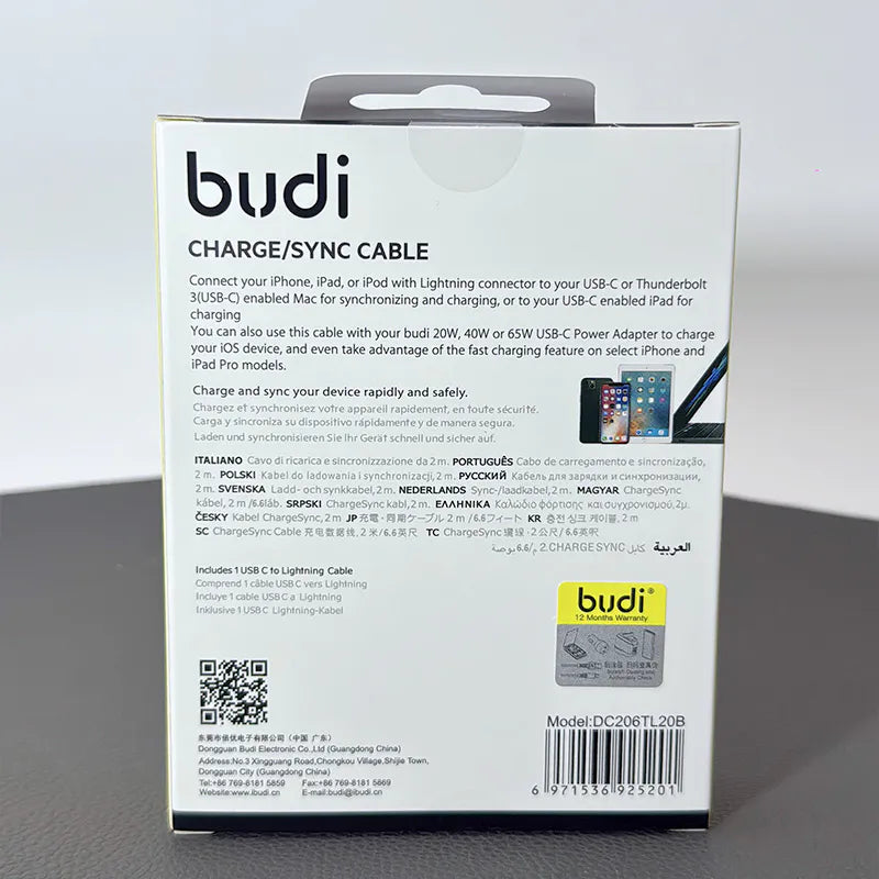 Budi DC206TL20 2m 20W Type-C to Lightning cable