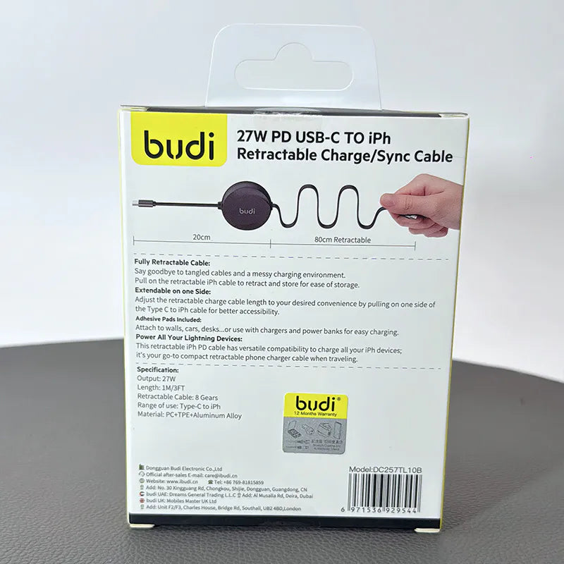 Budi DC257TL10B 1m 27W Type-C to Lightning Cable