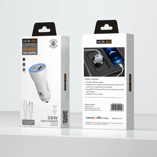 Mobigo GO200PDL 38W 2 UAB car charger with Type-C to Lightning combo
