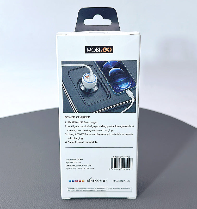 Mobigo GO200PDL 38W 2 UAB car charger with Type-C to Lightning combo
