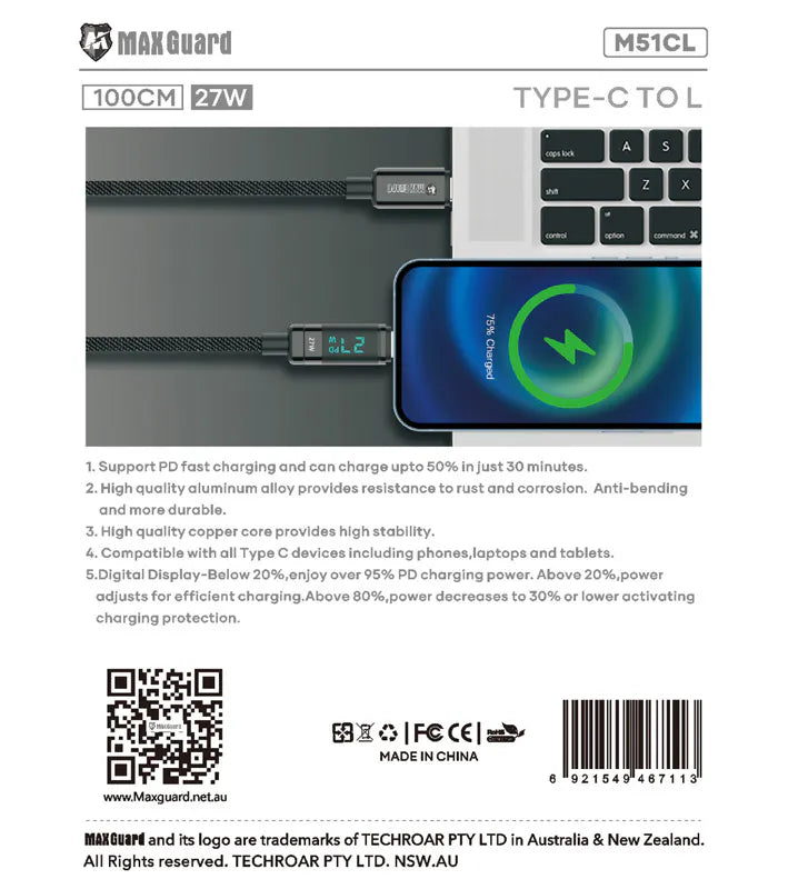 Maxguard M51CL 1m 27W Type-C to Lightning Cable