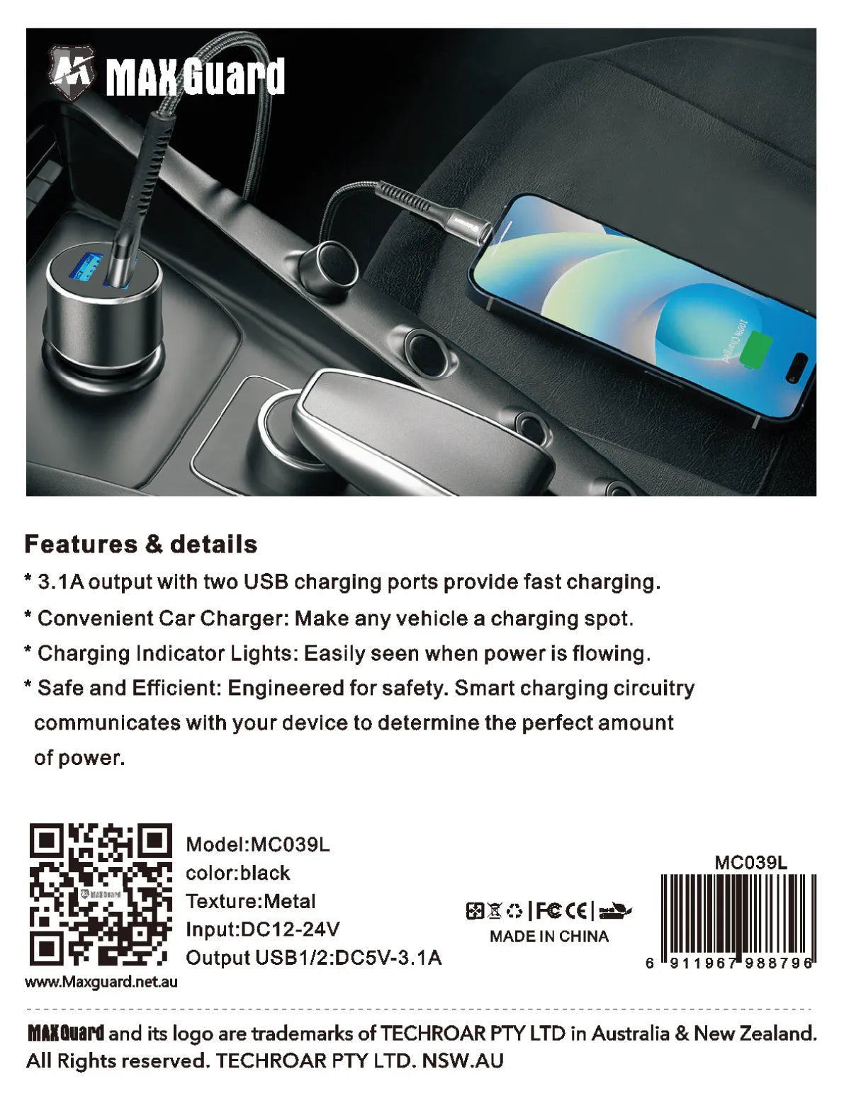 Maxguard MC039L 3.1A 2USB car charger with USB-A to Lightning combo