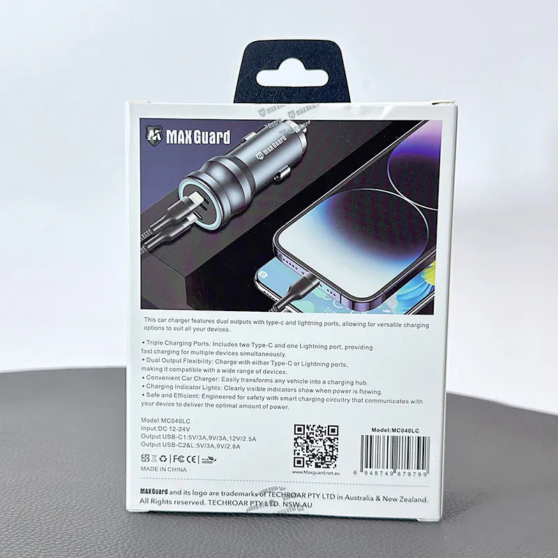 Maxguard MC040LC 55W 2 USB C+C car charger with Type-C to Lightning combo