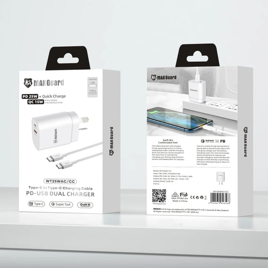 Maxguard WT25WAC/CC PD 25W wall charger with Type-C to C combo