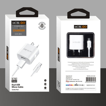 Mobigo GO303 2.1A wall charger with USB-A to micro combo