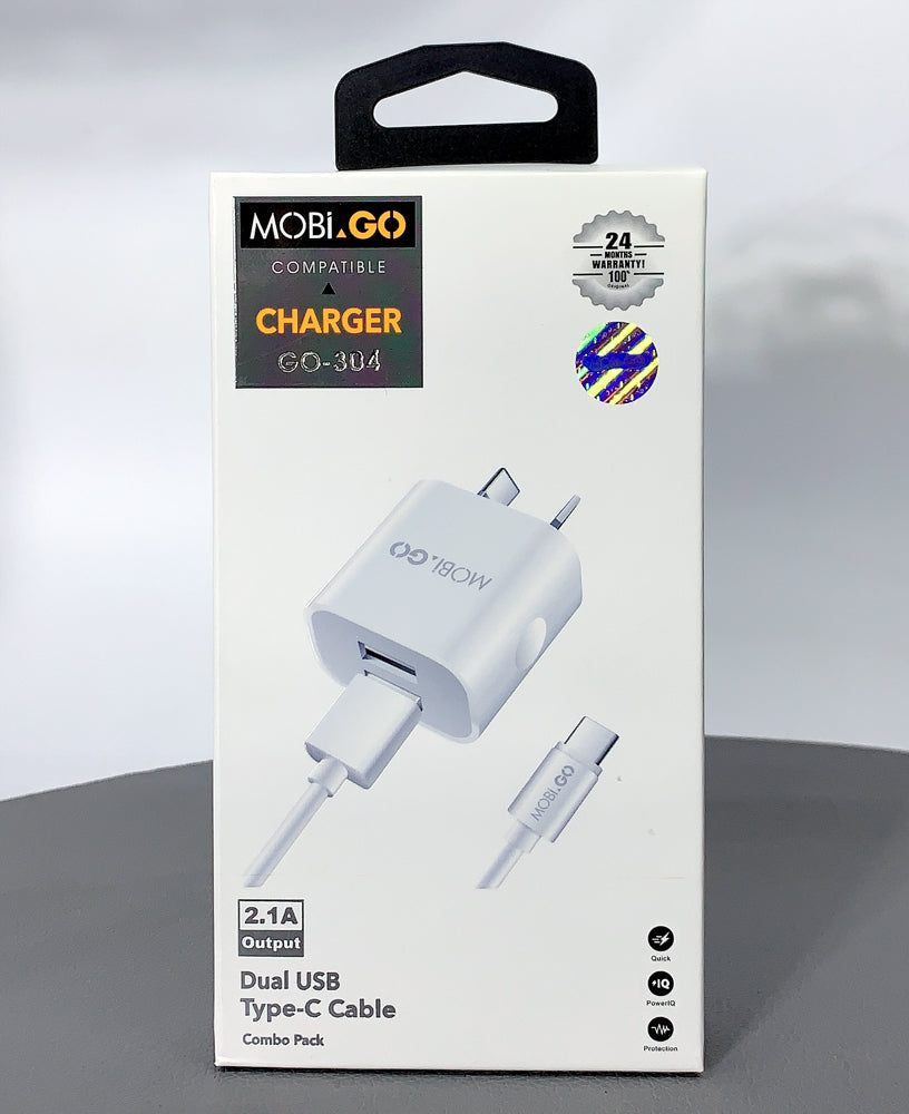Mobigo GO304 2.1A wall charger with USB-A to C combo