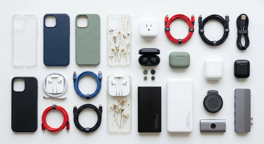 mobile accessories including phone cases, charging cables, earbuds, power banks arranged neatly 