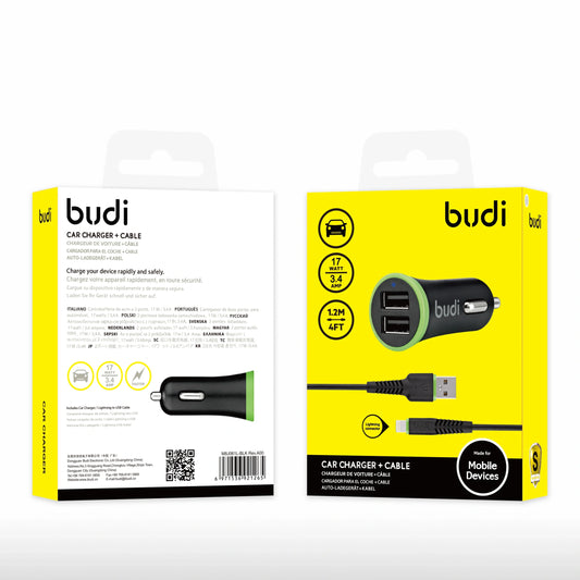Budi CC061LB 3.4A 2USB Car Charger witht USB-A to Lightning combo