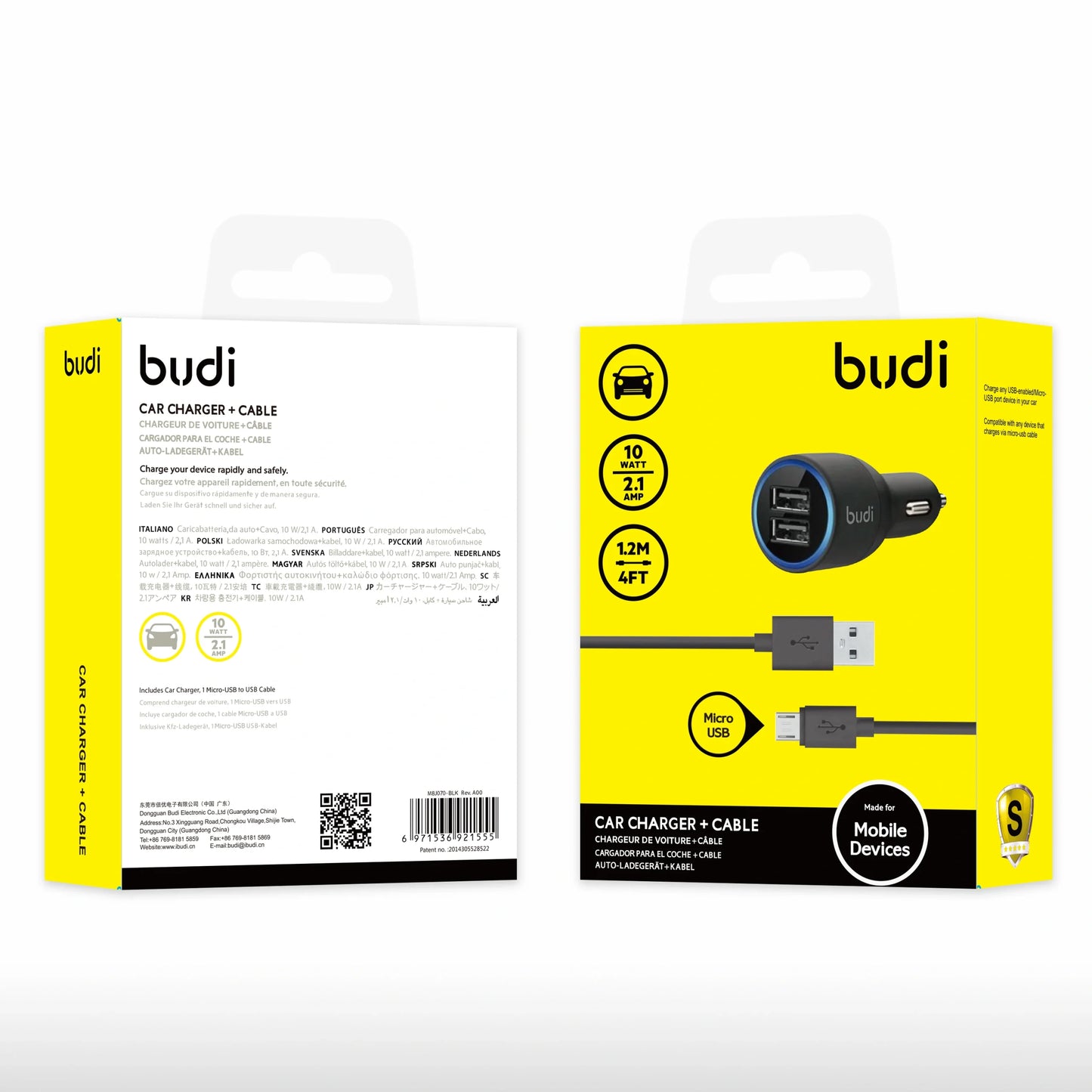 Budi 070 10W 2USB Car Charger with USB-A to Micro Combo