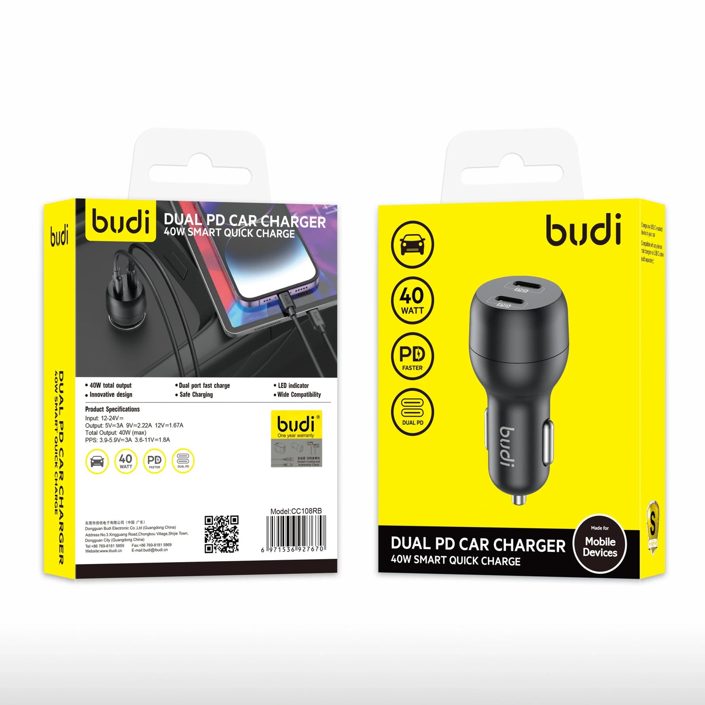 Budi CC108R 40W USB C+C car charger