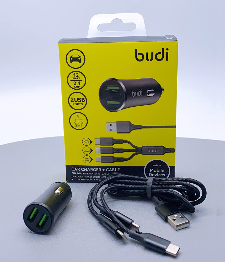 Budi CC627T3B 12W 2USB Car Charger with 3-in-1 Combo
