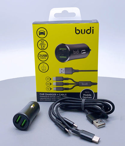 Budi CC627T3B 12W 2USB Car Charger with 3-in-1 Combo