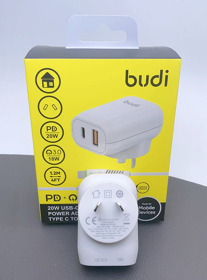 Budi AC339WATLW PD 20W wall charger with Type-C to Lightning combo