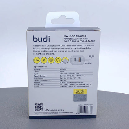 Budi AC339WATLW PD 20W wall charger with Type-C to Lightning combo