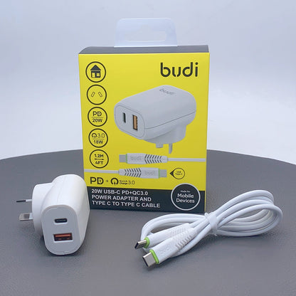 Budi AC339VATTW PD 20W wall charger with Type-C to C combo