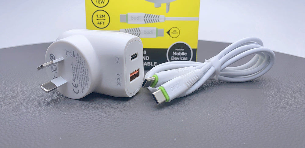 Budi AC339VATTW PD 20W wall charger with Type-C to C combo