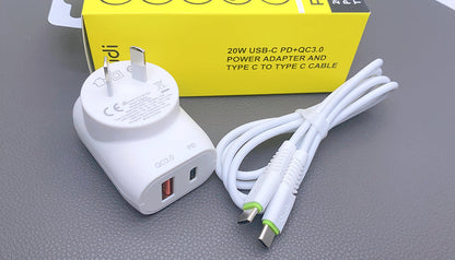 Budi AC339VATTW PD 20W wall charger with Type-C to C combo