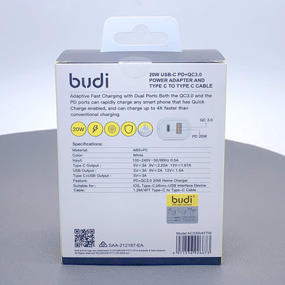 Budi AC339VATTW PD 20W wall charger with Type-C to C combo