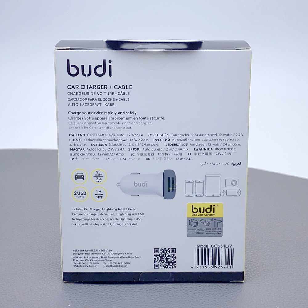 Budi CC631LW 2.4A 2USB Car Charger with USB-A to Lightning Combo