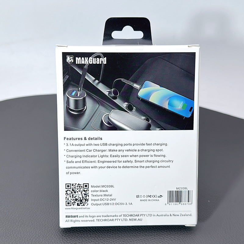 Maxguard MC039L 3.1A 2USB car charger with USB-A to Lightning combo