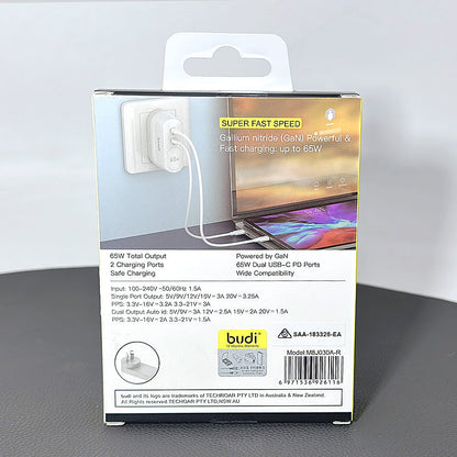 Budi M8J030AR PD 65W Dual USB-C GaN wall charger