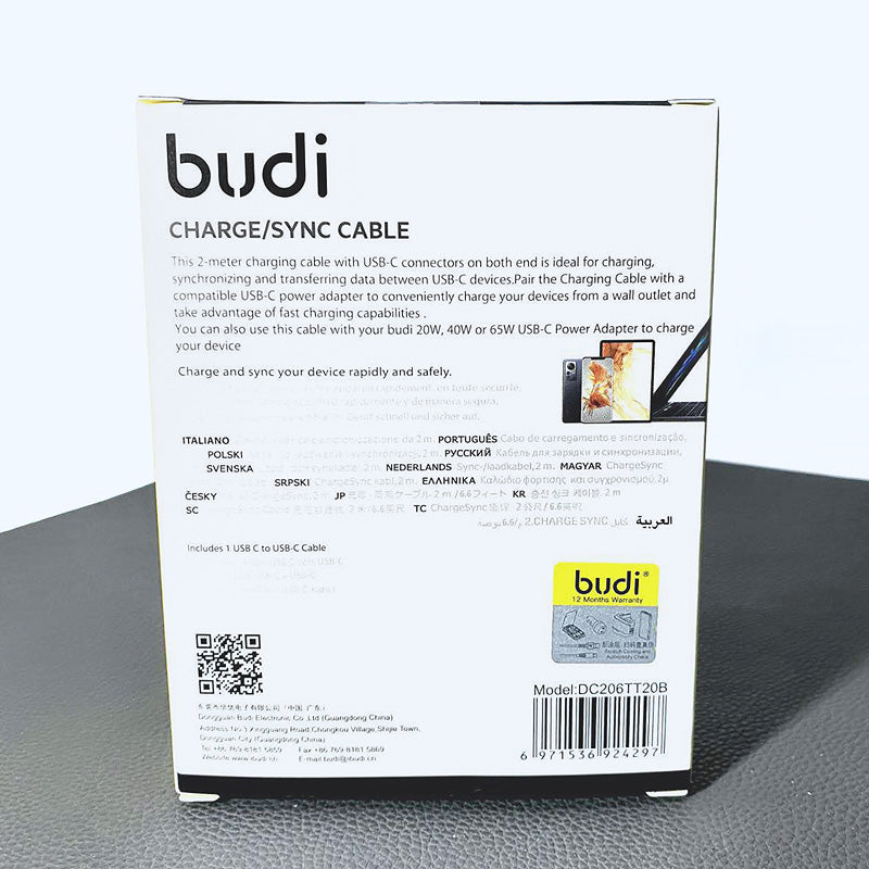 Budi DC206TT20B 2m 65W Type-C to C cable