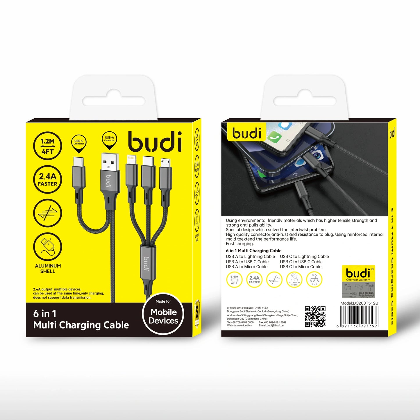 Budi DC203T512B  1.2m 6 in 1 cable