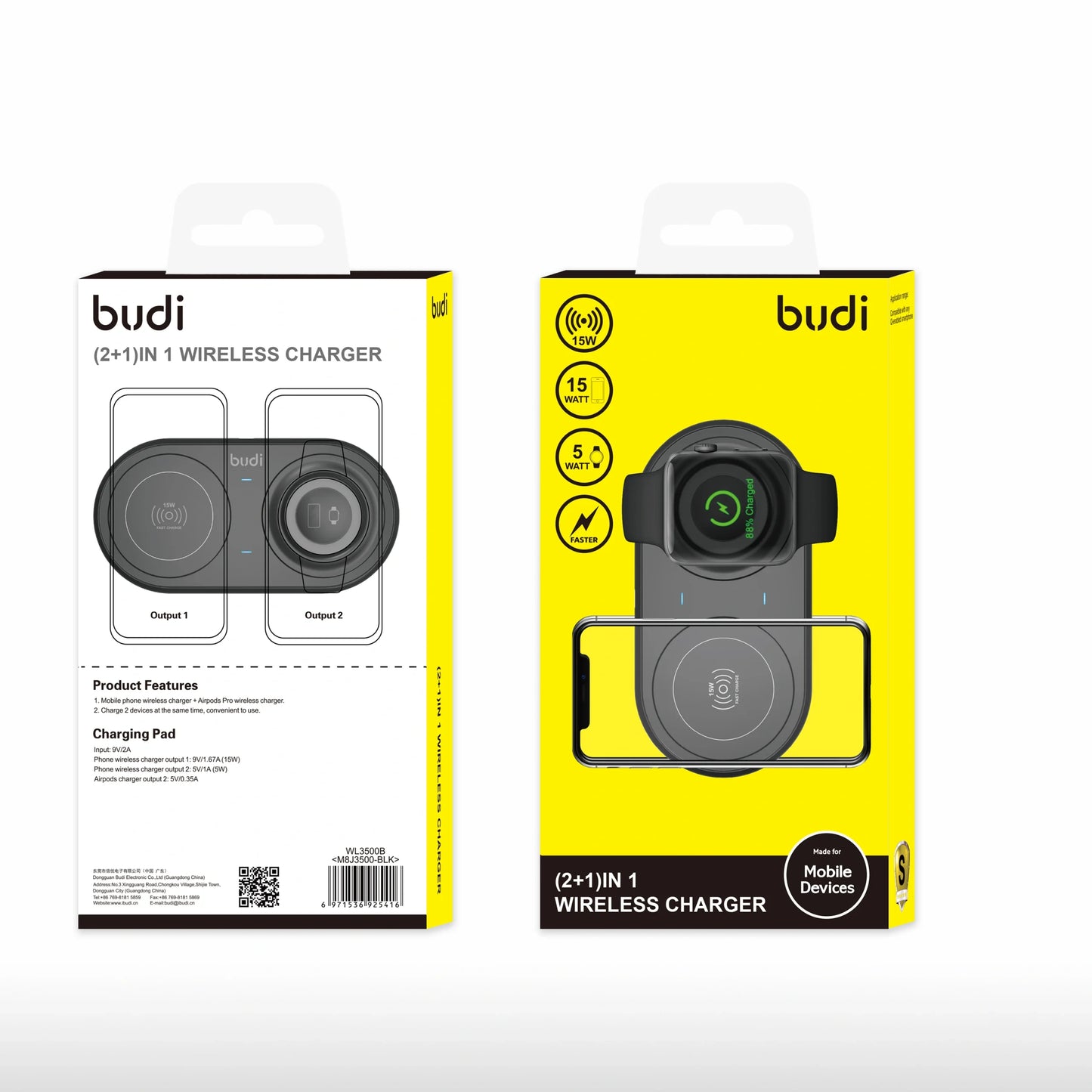 Budi 3 in 1 15W Wireless Charger For iOS/Android Apple Watch WL3500