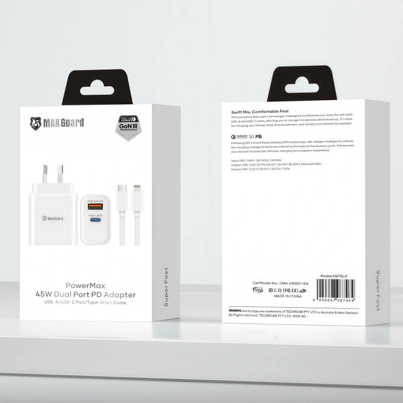 Maxguard 45PDLC PD 45W wall charger with Type-C to Lightning combo