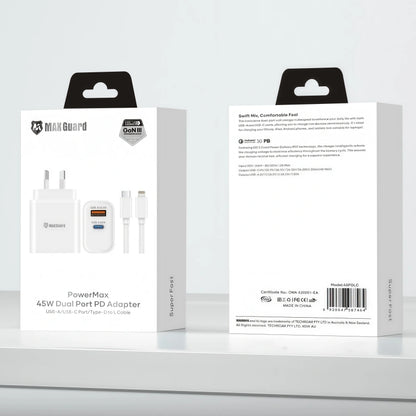 Maxguard 45PDLC PD 45W wall charger with Type-C to Lightning combo