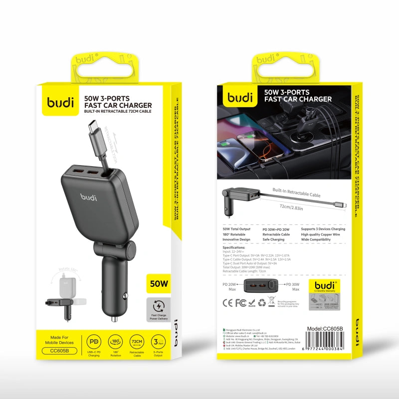 Budi CC605B PD 50W 3-Ports Fast Car Charger