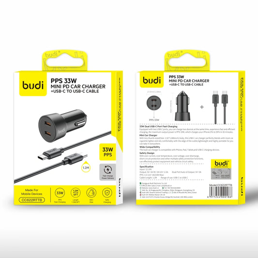 Budi CCO62RTTB PPS 33W Mini PD Car Charger with Type-C to C combo