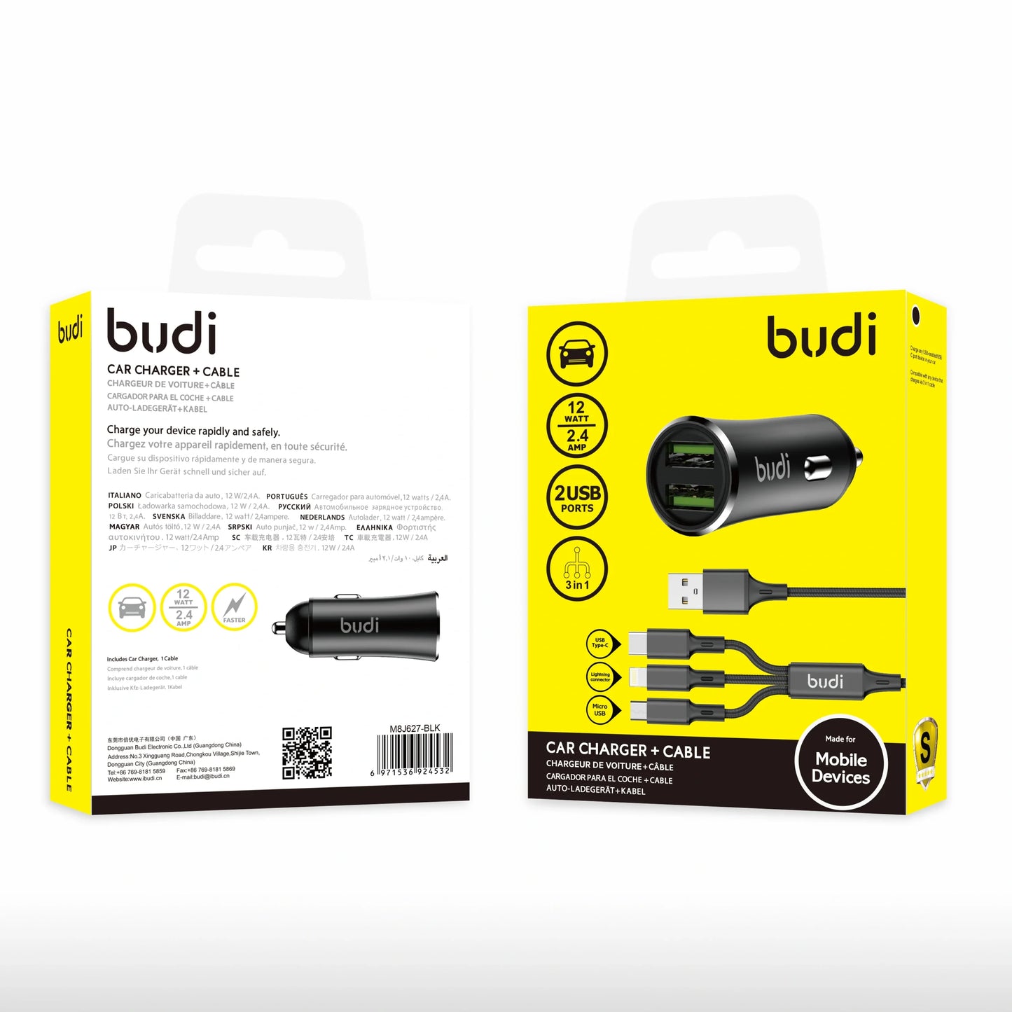 Budi CC627T3B 12W 2USB Car Charger with 3-in-1 Combo