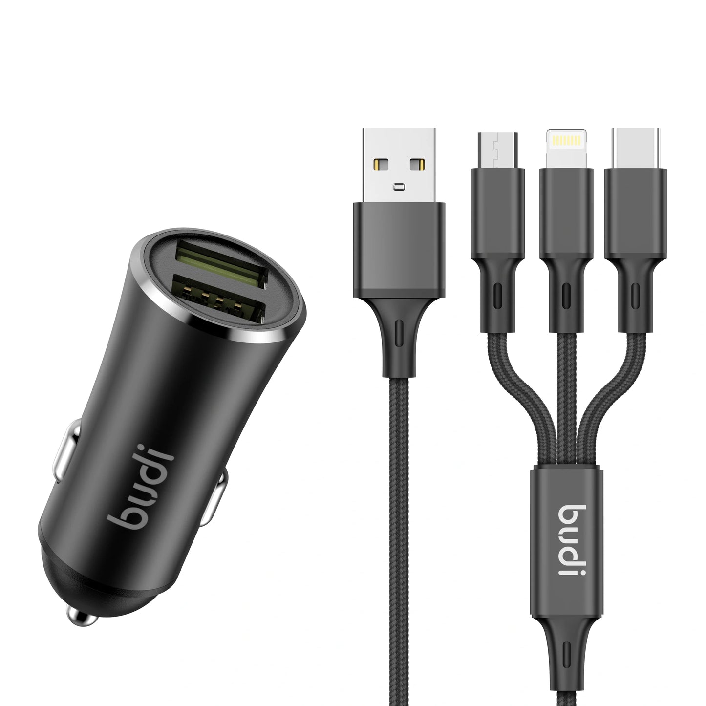 Budi CC627T3B 12W 2USB Car Charger with 3-in-1 Combo